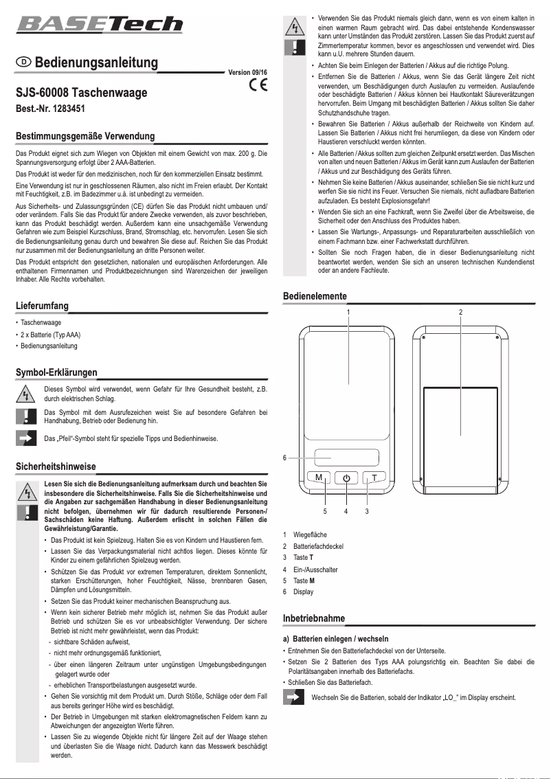 Page 1 de la notice Manuel utilisateur BaseTech SJS-60008