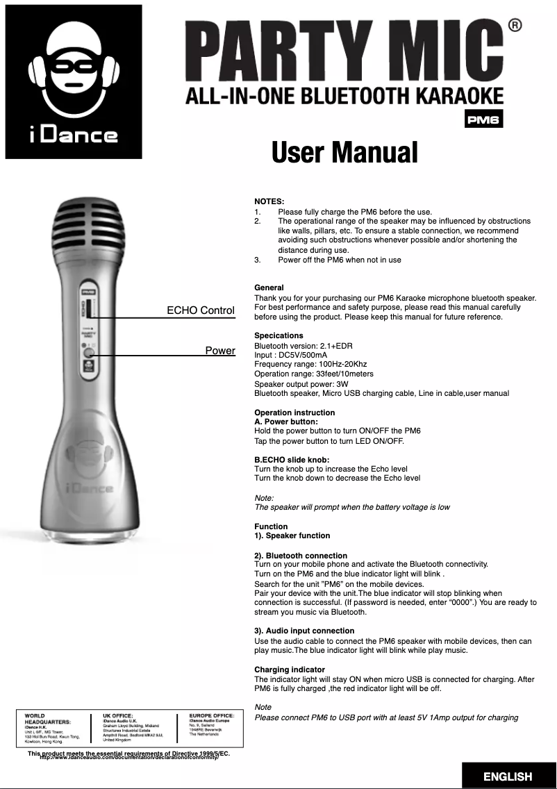 Page n°1 - Manuel utilisateur iDance Party Mic PM6