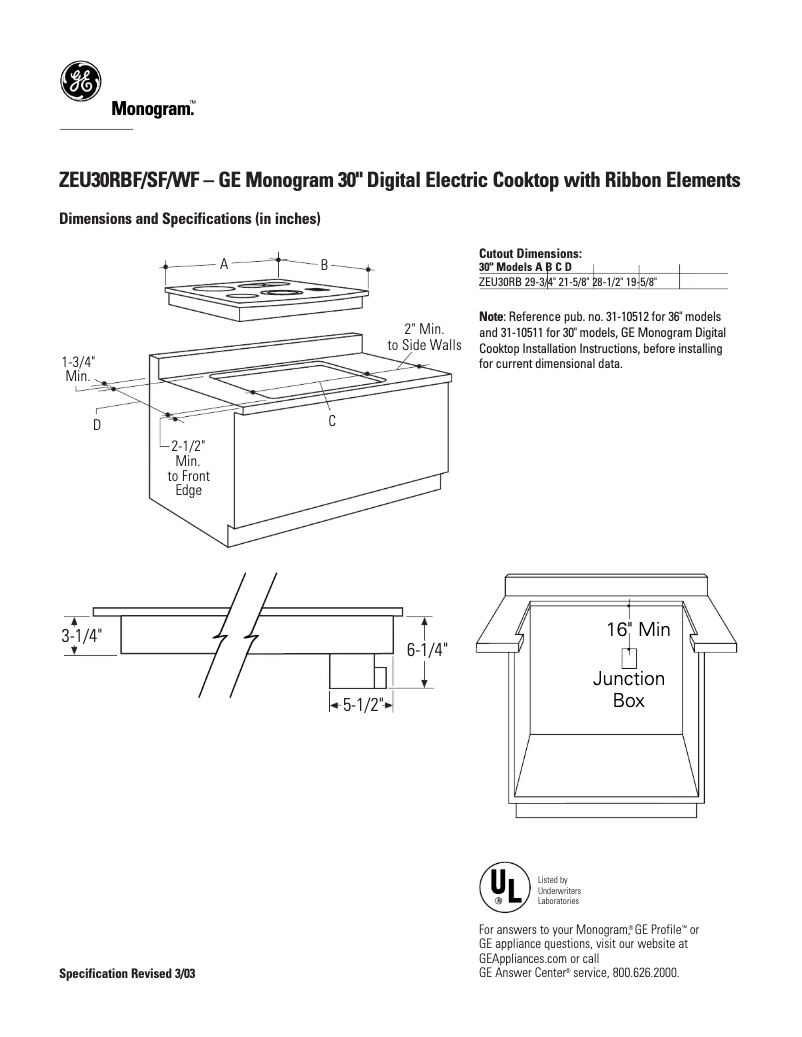 Page n°1 - Fiche technique GE ZEU30RWFWW