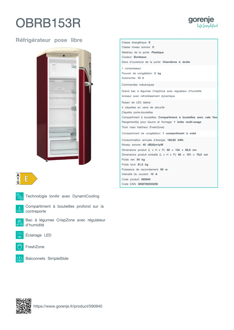 Page n°1 - Fiche technique Gorenje OBRB153R