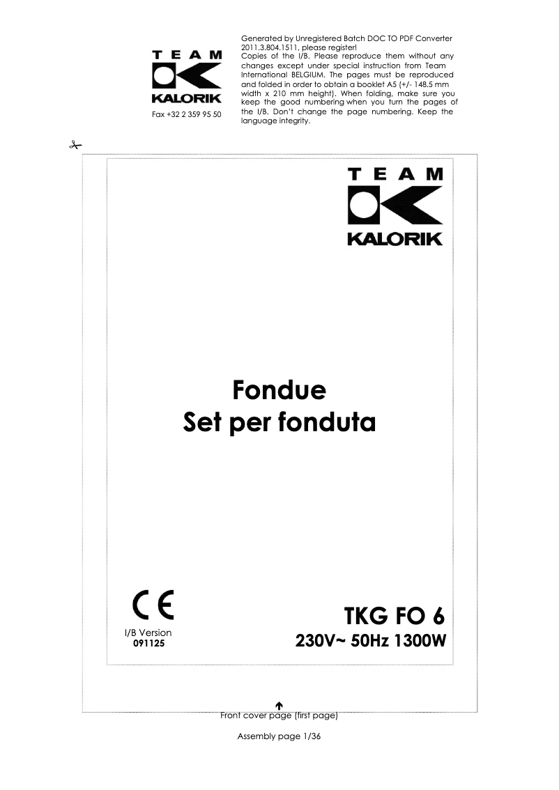 Page 1 de la notice Manuel utilisateur Kalorik TKG FO 6