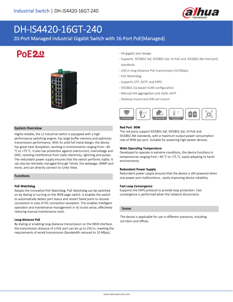 Page 1 de la notice Fiche technique Dahua Technology IS4420-16GT-240