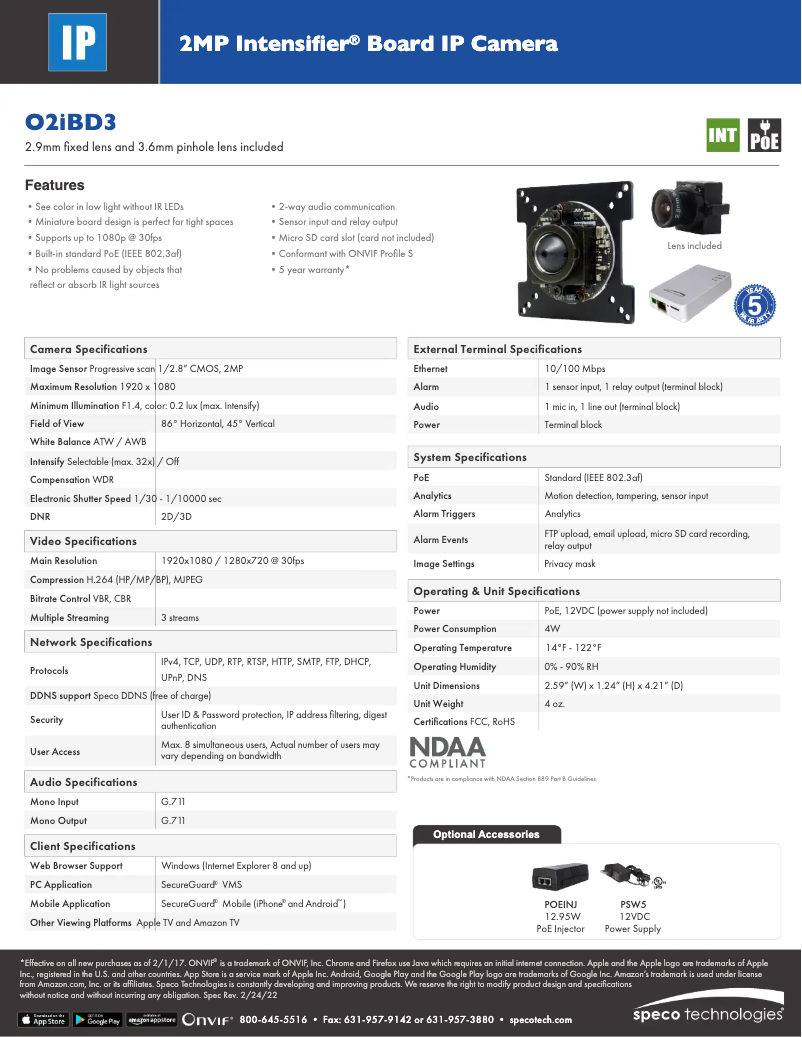 Page 1 de la notice Fiche technique Speco Technologies O2IBD3