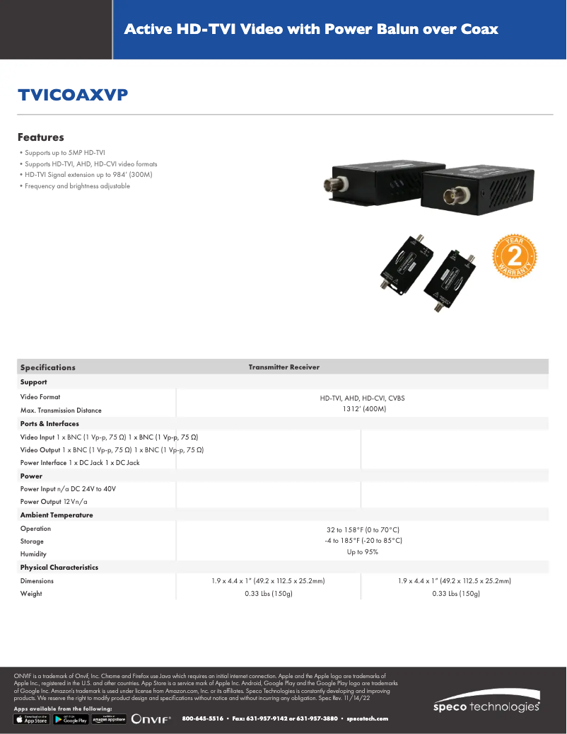 Page 1 de la notice Fiche technique Speco Technologies TVICOAXVP