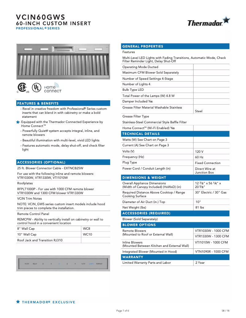 Page n°1 - Fiche technique Thermador VCIN60GWS