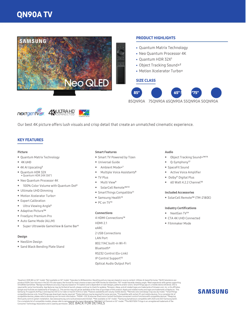 Page 1 de la notice Fiche technique Samsung Neo QLED 85QN90A