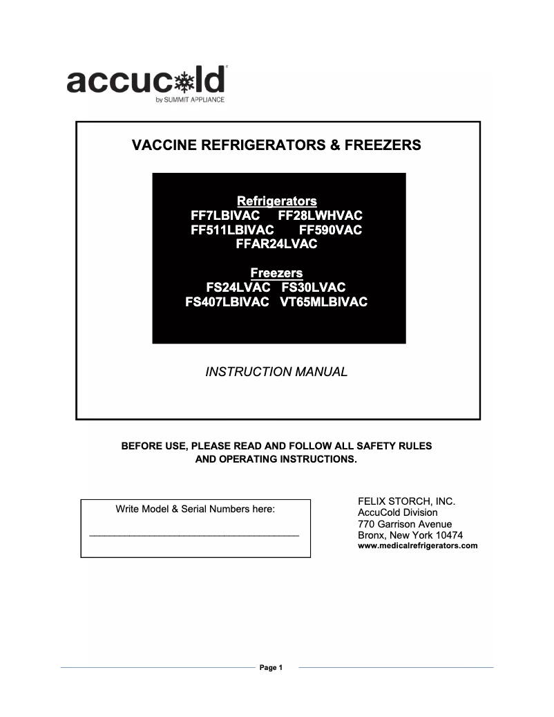 Page 1 de la notice Manuel d'utilisation et d'entretien Summit Accucold FS24LVAC