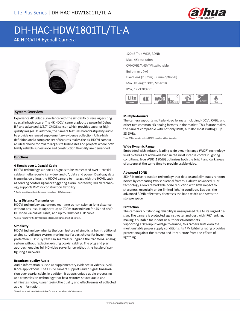 Page 1 de la notice Fiche technique Dahua Technology HAC-HDW1801TL-A