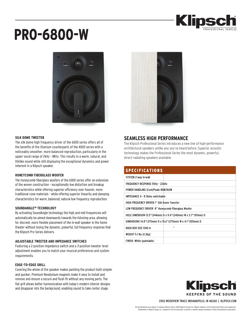 Page 1 de la notice Fiche technique Klipsch PRO-6800-W