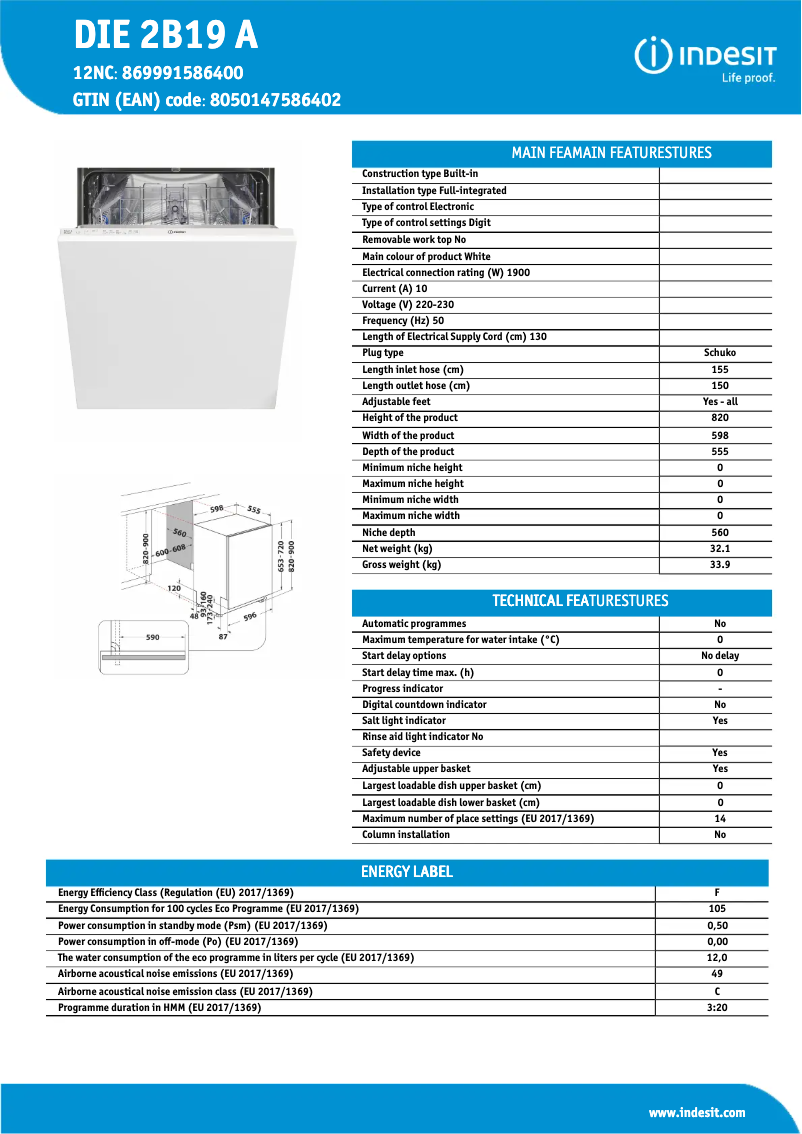 Page 1 de la notice Fiche technique Indesit DIE 2B19 A
