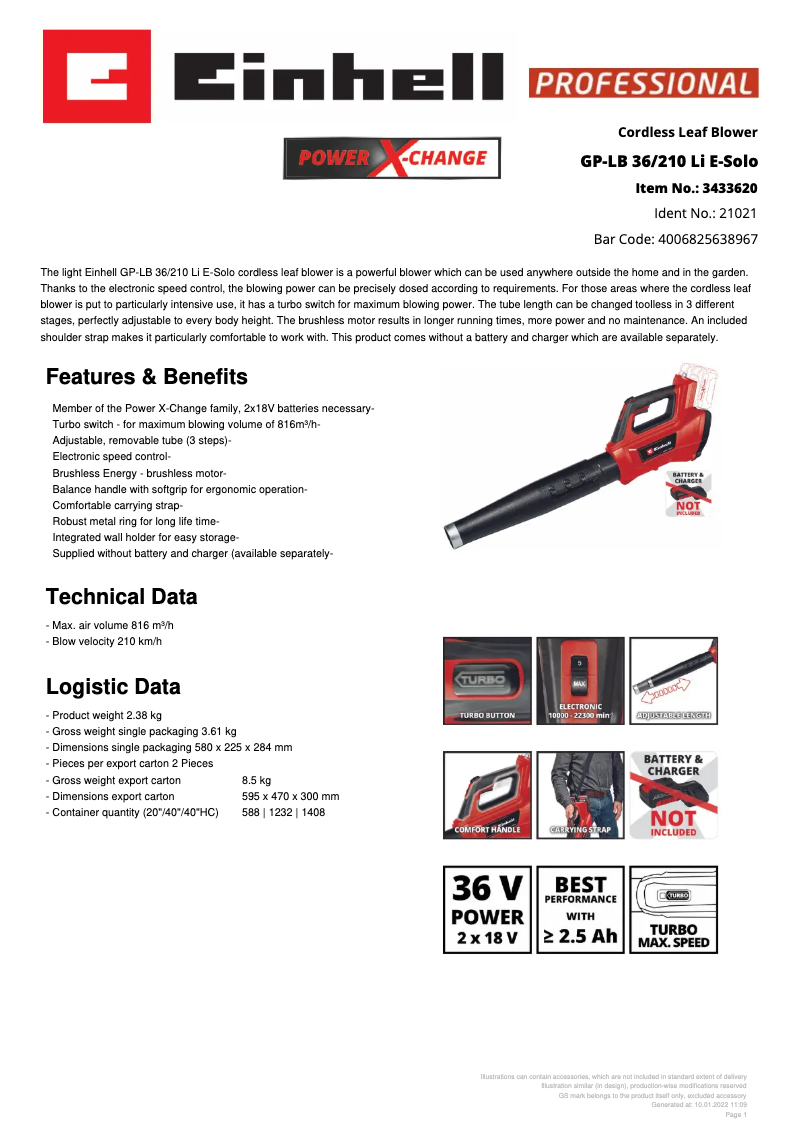 Page 1 de la notice Fiche technique Einhell GP-LB 36/210 Li E-Solo