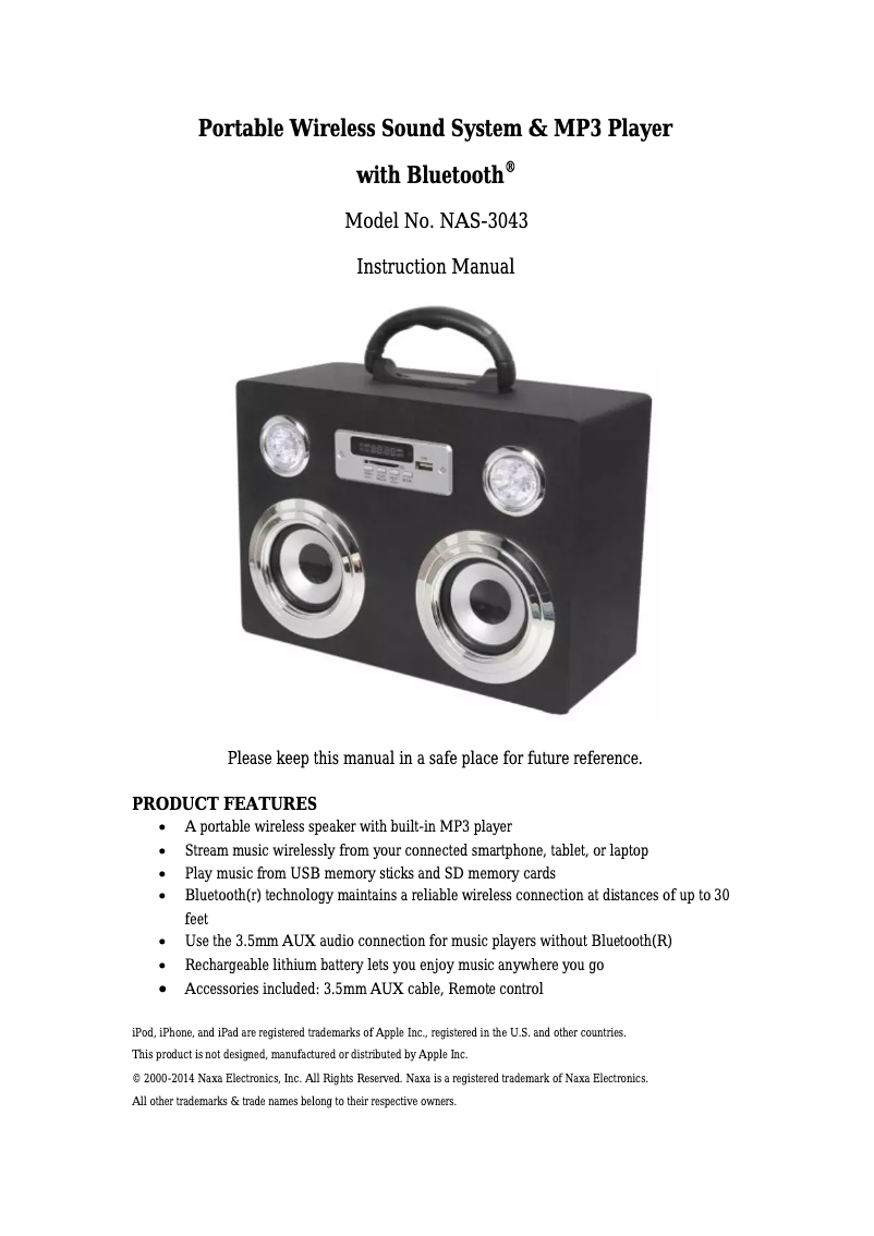 Page 1 de la notice Manuel utilisateur Naxa NAS-3043