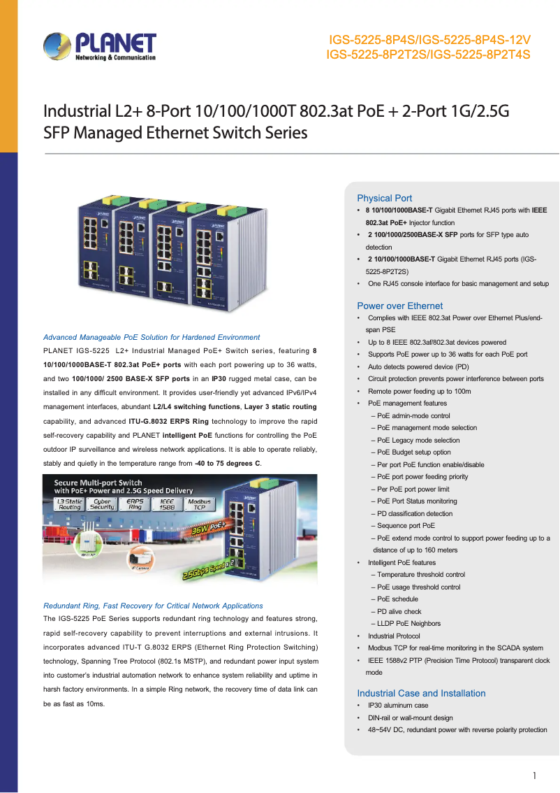 Page n°1 - Fiche technique Planet IGS-5225-8P4S