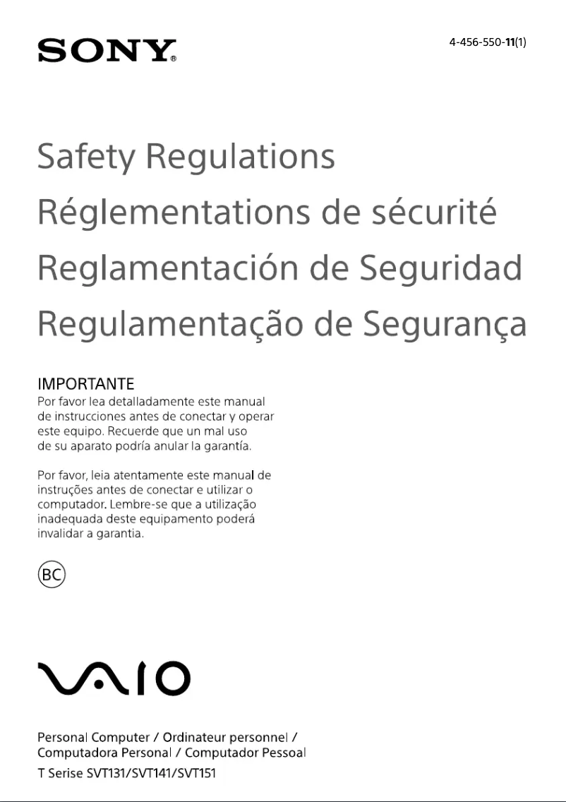 Page n°1 - Instructions de sécurité Sony Vaio Tab 13 SVT13136CYS