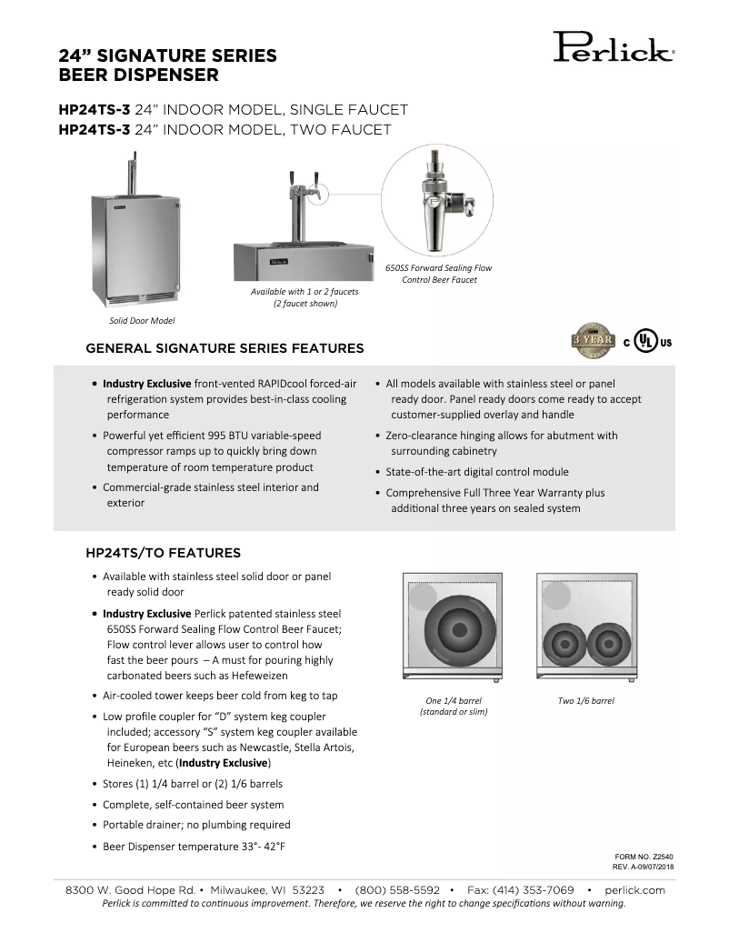 Page 1 de la notice Fiche technique Perlick Signature Series HP24TO-3-1L1