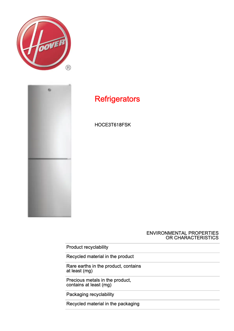 Page n°1 - Fiche technique Hoover HOCE3T618FSK