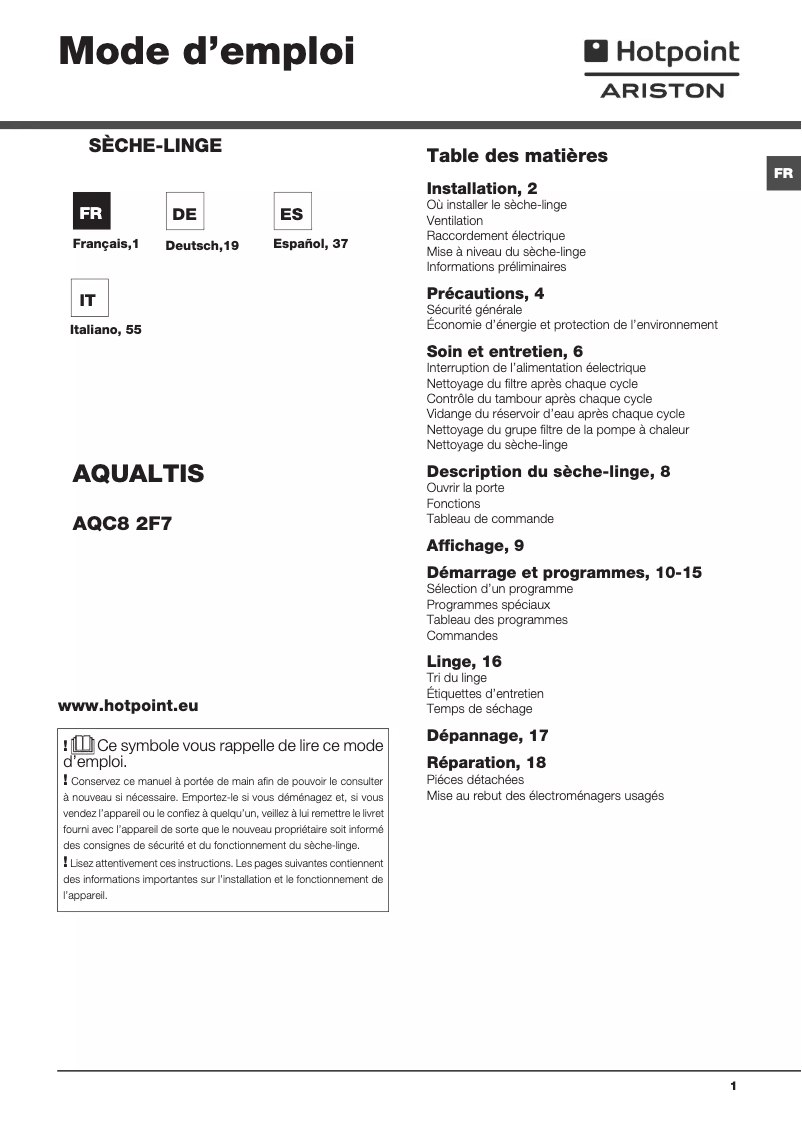 Page n°1 - Manuel utilisateur Hotpoint Ariston AQUALTIS AQC8 2F7