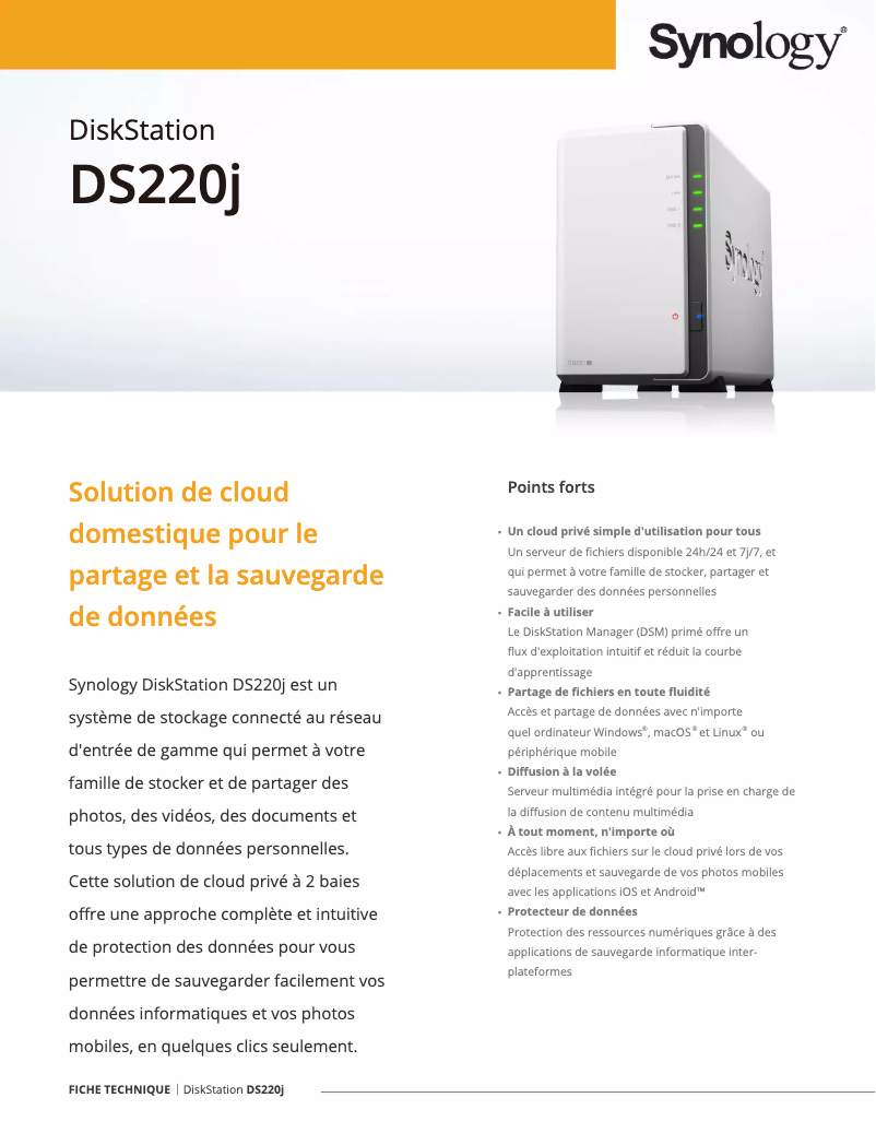 Page 1 de la notice Fiche technique Synology DiskStation DS220j