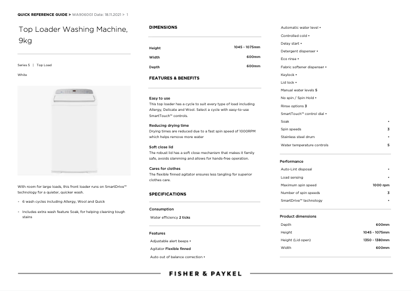 Page n°1 - Manuel utilisateur Fisher & Paykel WA9060G1