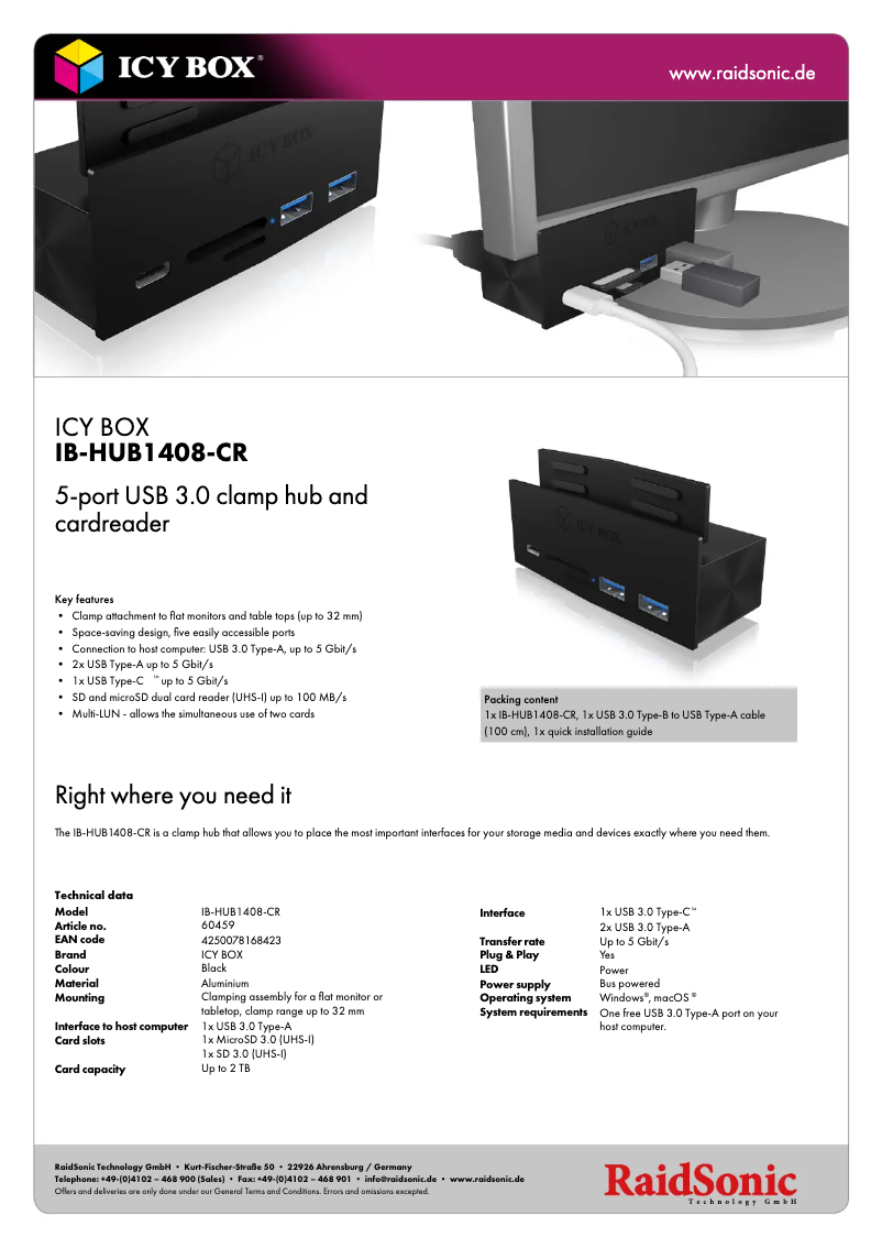 Page 1 de la notice Fiche technique Icy Box IB-HUB1408-CR