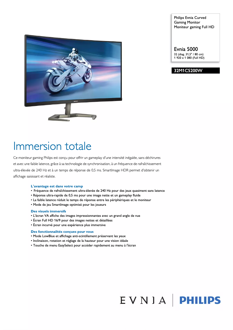 Page 1 de la notice Fiche technique Philips Evnia 32M1C5200W
