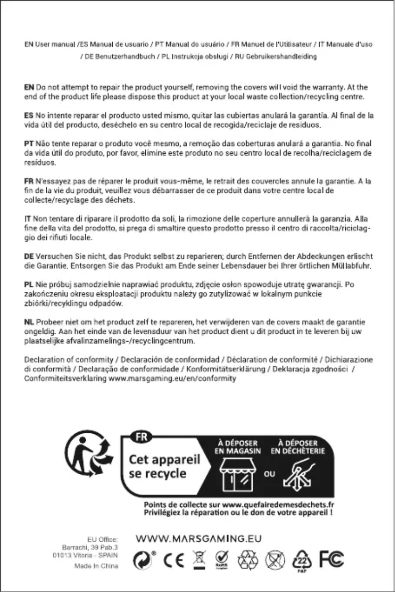 Page 1 de la notice Manuel utilisateur Mars Gaming MF-NC