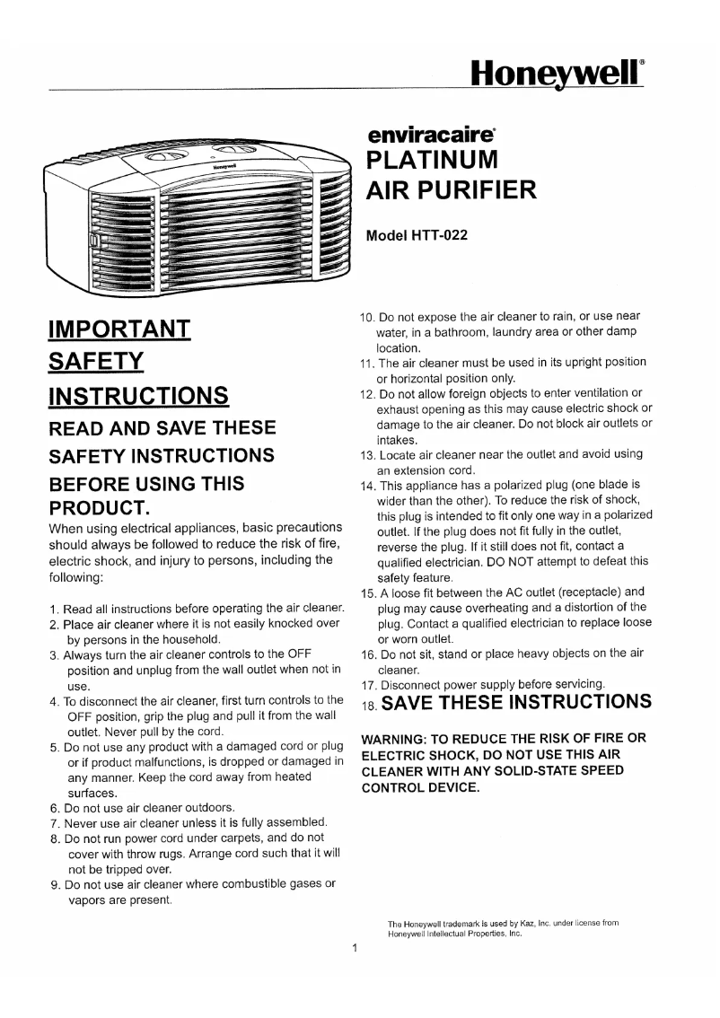 Page 1 de la notice Manuel utilisateur Honeywell HEPAClean Compact