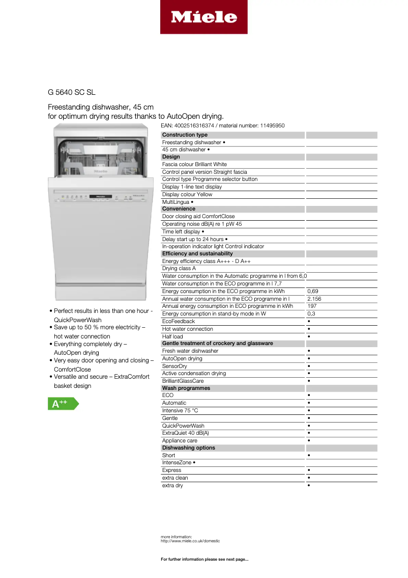 Page 1 de la notice Fiche technique Miele G 5640 SC SL