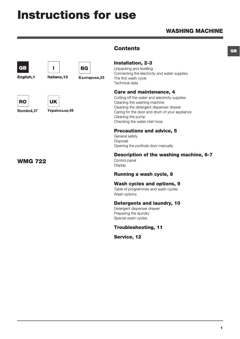 Page 1 de la notice Manuel utilisateur Hotpoint Ariston WMG 722S EU