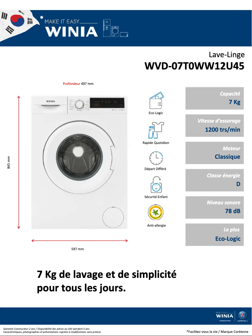 Page 1 de la notice Fiche technique Winia WVD-07T0WW12U45