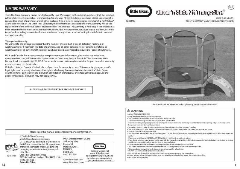 Page n°1 - Manuel utilisateur Little Tikes 7' Trampoline Climb 'n Slide