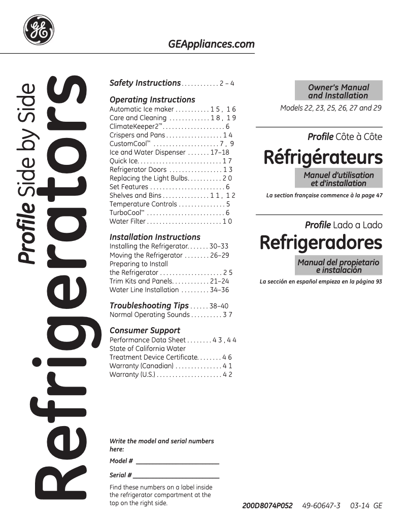 Page 1 of the manual User Manual GE Profile PSS28KSHSS