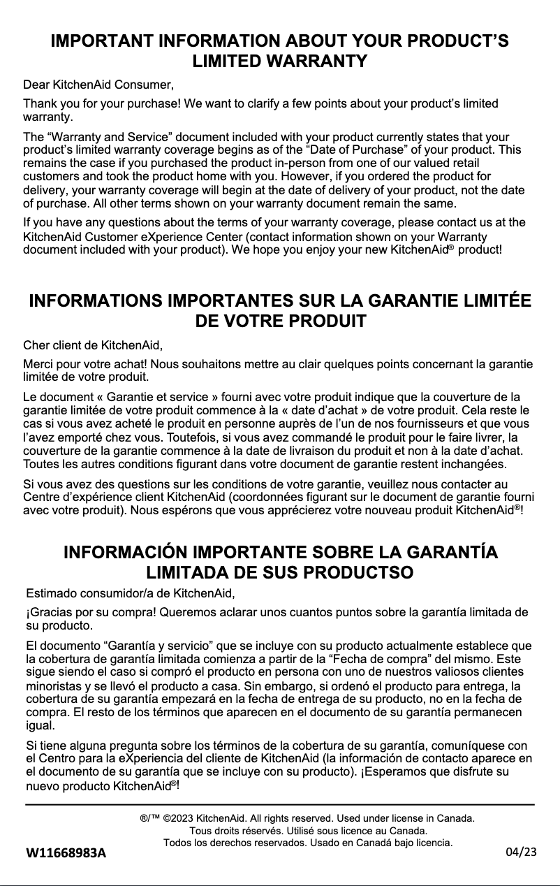 Page n°1 - Informations de garantie KitchenAid KCM5912