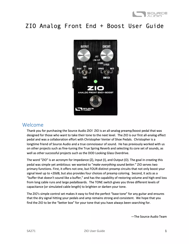 Page n°1 - Manuel utilisateur Source Audio ZIO Analog Front End + Boost