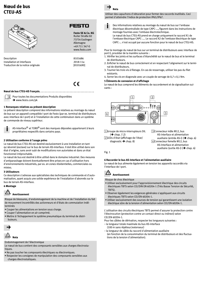 Page 1 de la notice Manuel utilisateur Festo CTEU-AS