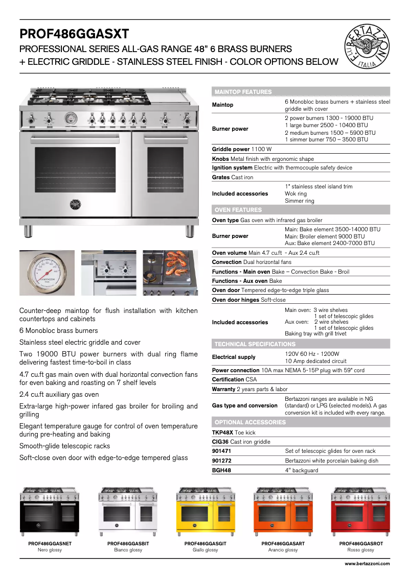Page 1 de la notice Fiche technique Bertazzoni PROF486GGASART