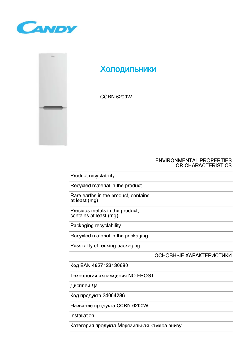 Page 1 de la notice Fiche technique Candy CCRN 6200W