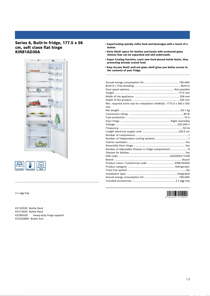 Page n°1 - Fiche technique Bosch KIR81AD30A