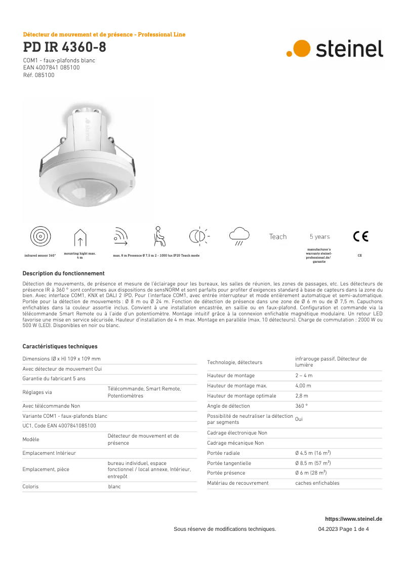 Página 1 del manual Ficha técnica Steinel PD IR 4360