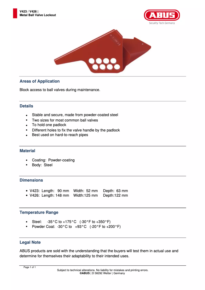 Page 1 de la notice Fiche technique Abus V423