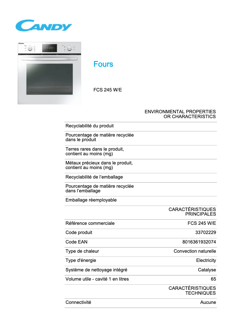 Page 1 de la notice Fiche technique Candy FCS 245 W/E