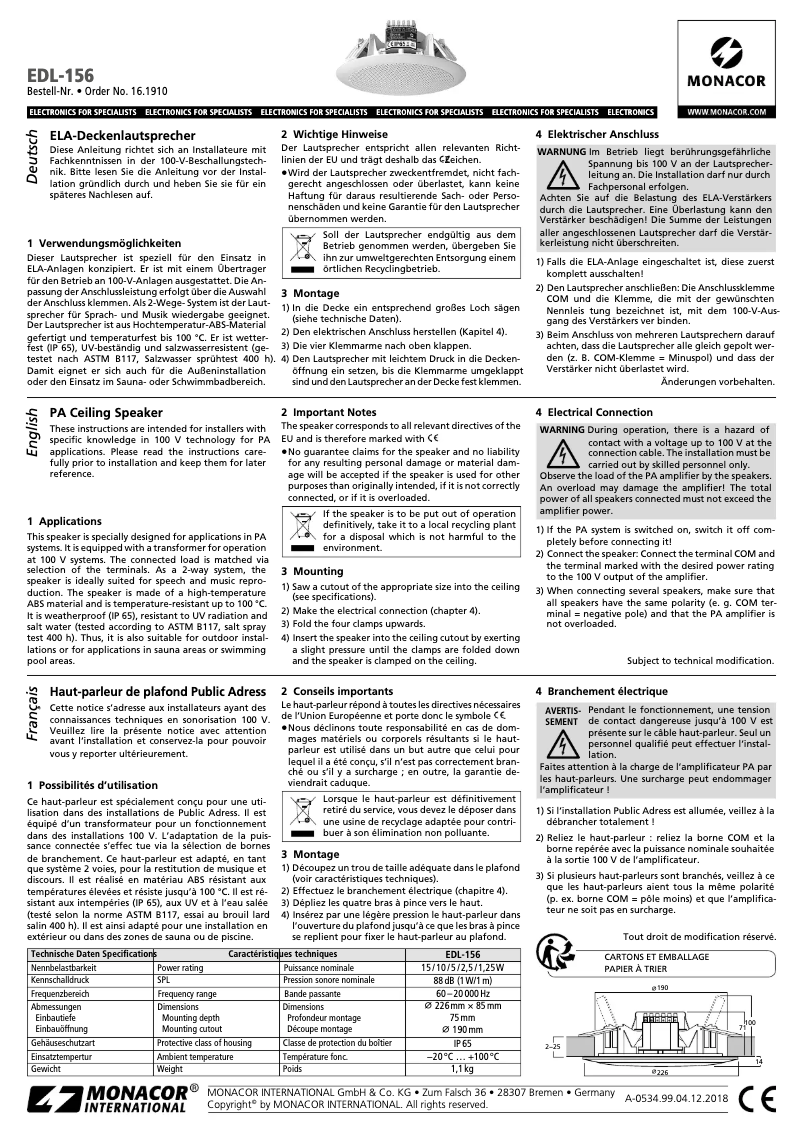 Page n°1 - Manuel utilisateur Monacor EDL-156