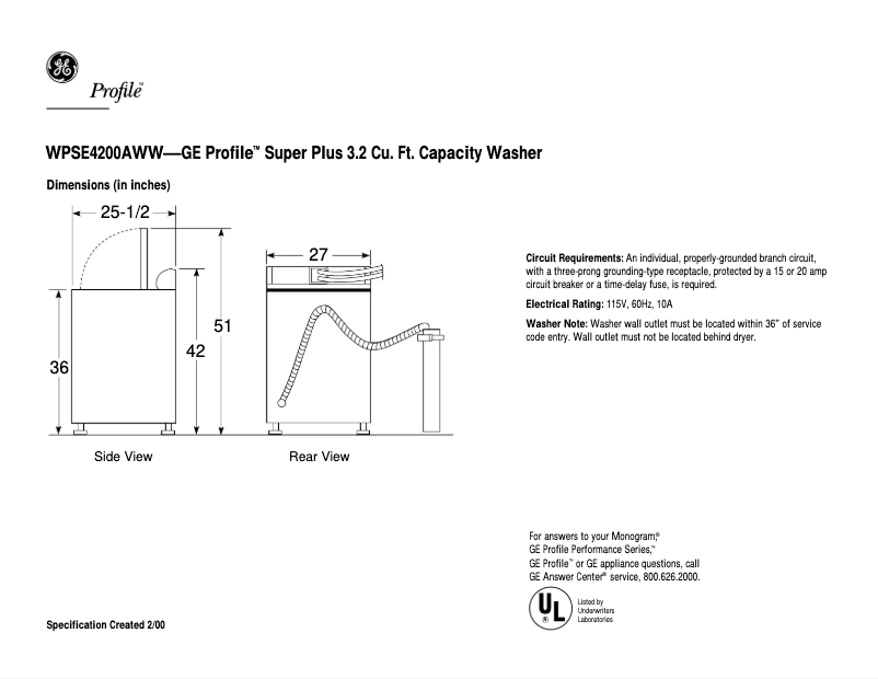 Page n°1 - Fiche technique GE Profile Prodigy WPSE4200ACC