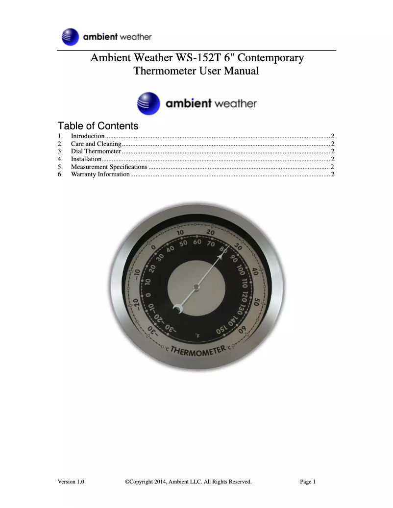 Page 1 de la notice Manuel utilisateur Ambient Weather WS-152T