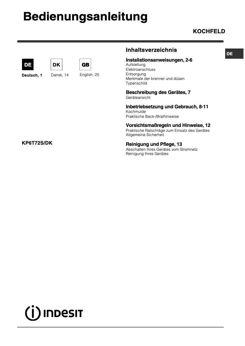 Page 1 de la notice Manuel utilisateur Indesit KP6T72S(X)/DK