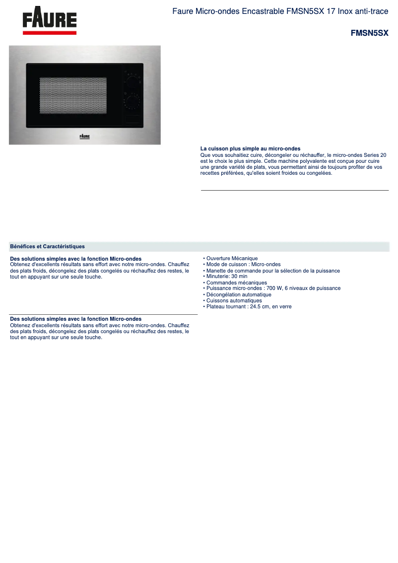 Página 1 del manual Ficha técnica Faure FMSN5SX