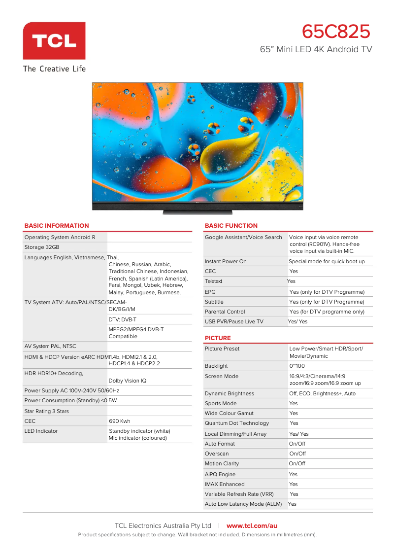 Page 1 de la notice Fiche technique TCL 65C825