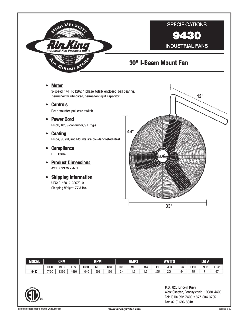 Page n°1 - Fiche technique Air King 9430