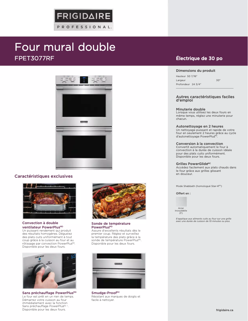 Page 1 de la notice Fiche technique Frigidaire FPET3077RF