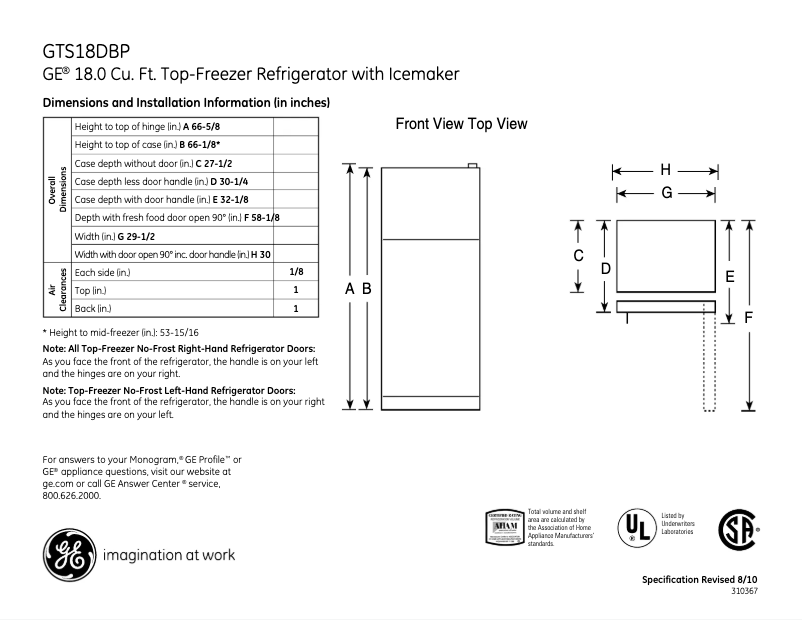 Page 1 de la notice Fiche technique GE GTS18DBPRCC